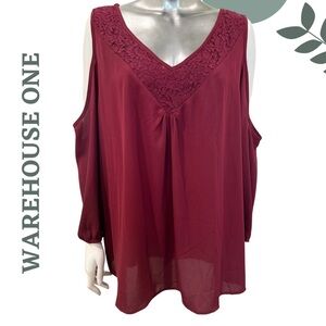 🛍️3/ $40 Warehouse One Burgundy Cold Shoulder Blouse Long Sleeve Plus Size XXXL